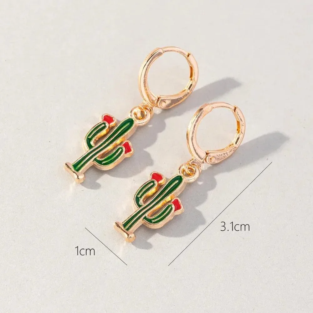 Gold & Green Desert Cactus Western Southwestern Dangle Huggie Earrings NEW - Picture 6 of 7